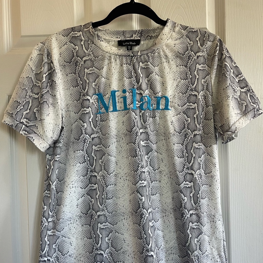 Snakeskin Print T-Shirt with Blue Milan Text